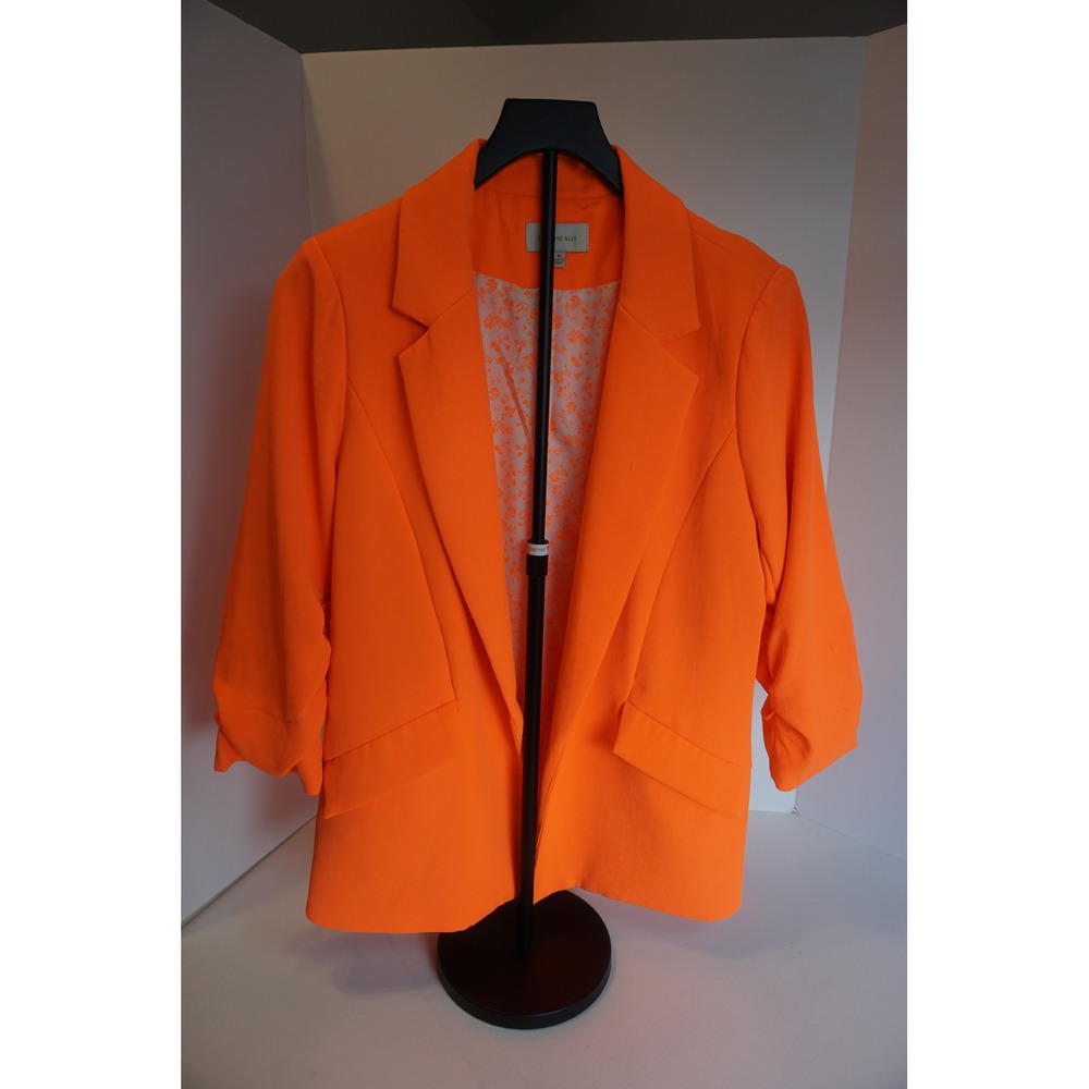 Skies Are Blue Neon Orange Ruched 3/4 Sleeve Blazer Jacket Floral Lining M